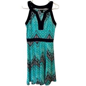 En Focus Aqua Blue Green Black White Sleeveless Dress Empire Waist Women's sz 6
